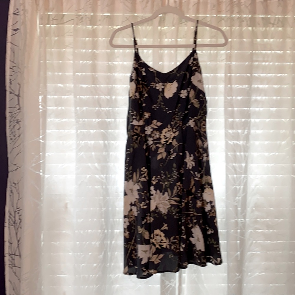 Summer dress, gray with bird and floral pattern